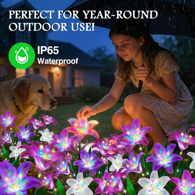 Alt view image 5 of 7 - 10 Pack Solar Flower Lights 50 Colorful Lily Heads & Glowing Stems, Waterproof Decorative Outdoor Lights for Yard, Patio & Flower Bed