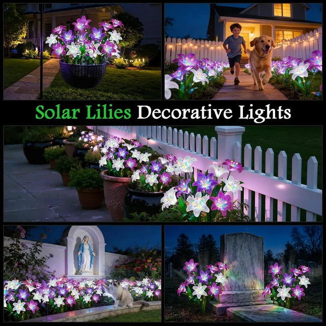 Alt view image 7 of 7 - 10 Pack Solar Flower Lights 50 Colorful Lily Heads & Glowing Stems, Waterproof Decorative Outdoor Lights for Yard, Patio & Flower Bed