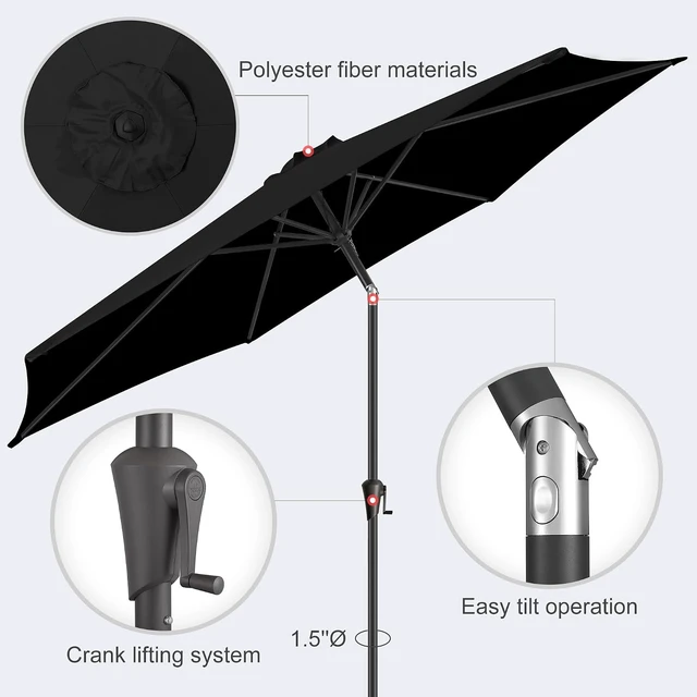 Alt view image 4 of 7 - 9 Ft Black Outdoor Patio Umbrella with Push Button Tilt