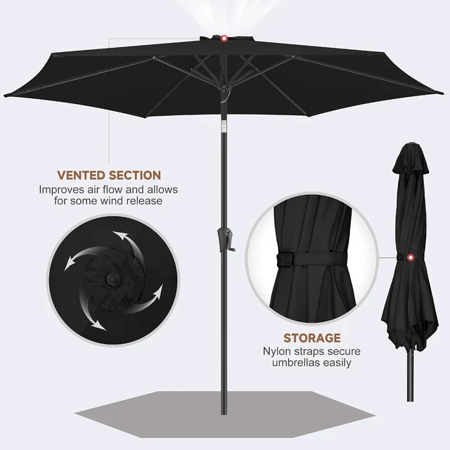 Alt view image 5 of 7 - 9 Ft Black Outdoor Patio Umbrella with Push Button Tilt