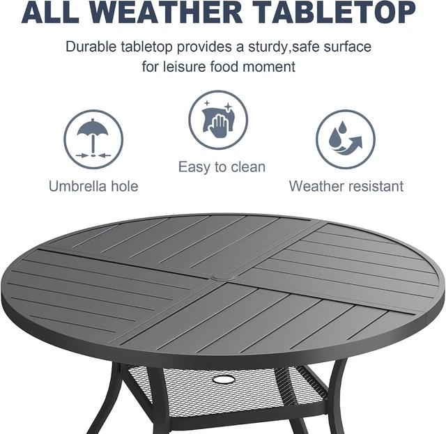 Alt view image 4 of 7 - 40.6" Round All-Weather Metal Patio Dining Table for 4 with 1.57" Umbrella Hole & Storage Shelf for Garden, Lawn & Deck, Black