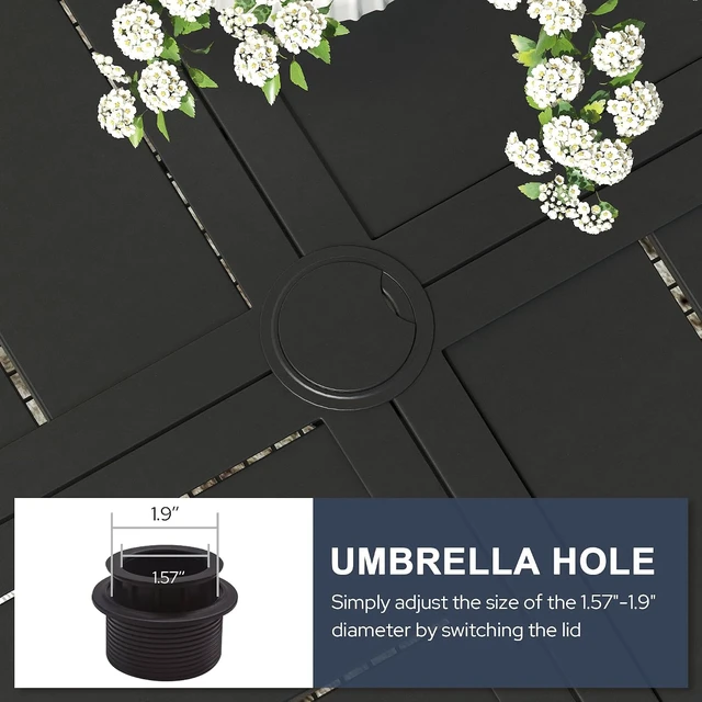 Alt view image 5 of 7 - 40.6" Round All-Weather Metal Patio Dining Table for 4 with 1.57" Umbrella Hole & Storage Shelf for Garden, Lawn & Deck, Black