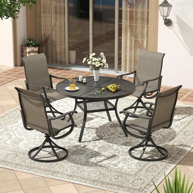 Alt view image 6 of 7 - 40.6" Round All-Weather Metal Patio Dining Table for 4 with 1.57" Umbrella Hole & Storage Shelf for Garden, Lawn & Deck, Black