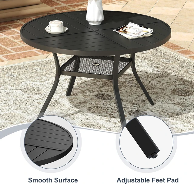 Alt view image 7 of 7 - 40.6" Round All-Weather Metal Patio Dining Table for 4 with 1.57" Umbrella Hole & Storage Shelf for Garden, Lawn & Deck, Black