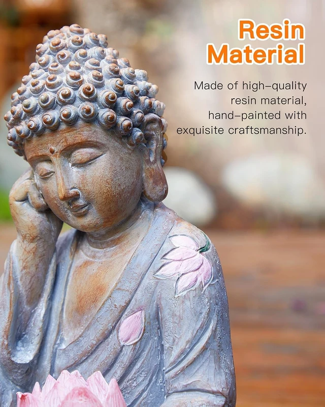 Alt view image 3 of 7 - 11.8-Inch Solar Buddha Statue with Lotus Flower Light IP65 Waterproof Hand-Painted Resin Garden Decor for Patio, Yard, Lawn, Balcony & Home