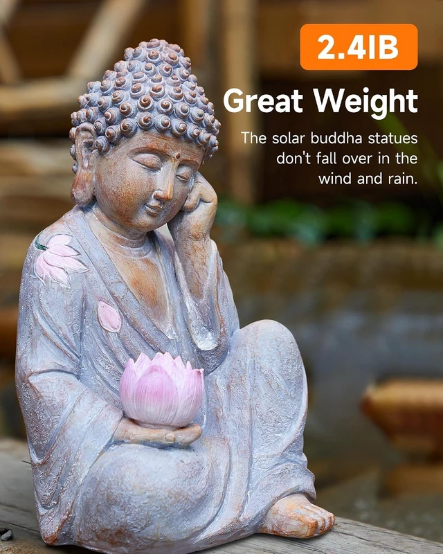 Alt view image 4 of 7 - 11.8-Inch Solar Buddha Statue with Lotus Flower Light IP65 Waterproof Hand-Painted Resin Garden Decor for Patio, Yard, Lawn, Balcony & Home