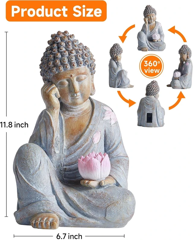 Alt view image 5 of 7 - 11.8-Inch Solar Buddha Statue with Lotus Flower Light IP65 Waterproof Hand-Painted Resin Garden Decor for Patio, Yard, Lawn, Balcony & Home