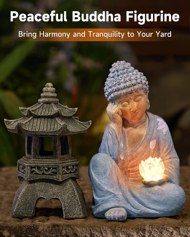 Alt view image 7 of 7 - 11.8-Inch Solar Buddha Statue with Lotus Flower Light IP65 Waterproof Hand-Painted Resin Garden Decor for Patio, Yard, Lawn, Balcony & Home