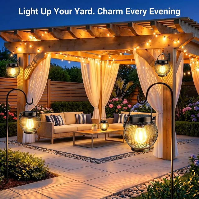 Alt view image 2 of 7 - 4 Pack Waterproof Metal Solar Lanterns Hanging Outdoor Lights