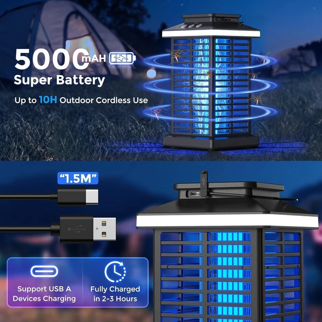 Alt view image 4 of 7 - 3-in-1 Rechargeable Bug Zapper with 5000mAh Battery & LED Night Light 4000V Electric Mosquito Zapper for Patio, Backyard & Garden, Black 03