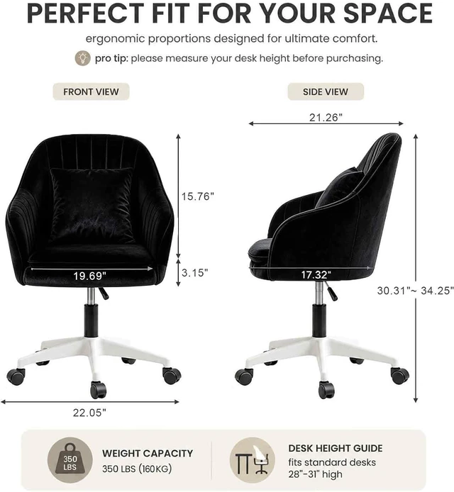 Alt view image 2 of 7 - Velvet Desk Chair with Pillow Upholstered Swivel Vanity Chair for Girls & Women, Home Office Task Chair with Wheels for Living Room & Bedroom