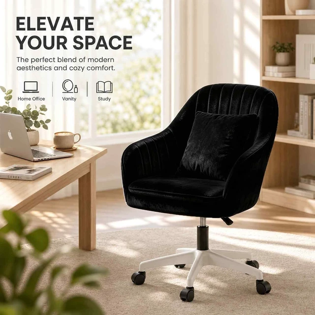 Alt view image 3 of 7 - Velvet Desk Chair with Pillow Upholstered Swivel Vanity Chair for Girls & Women, Home Office Task Chair with Wheels for Living Room & Bedroom