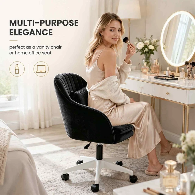 Alt view image 7 of 7 - Velvet Desk Chair with Pillow Upholstered Swivel Vanity Chair for Girls & Women, Home Office Task Chair with Wheels for Living Room & Bedroom