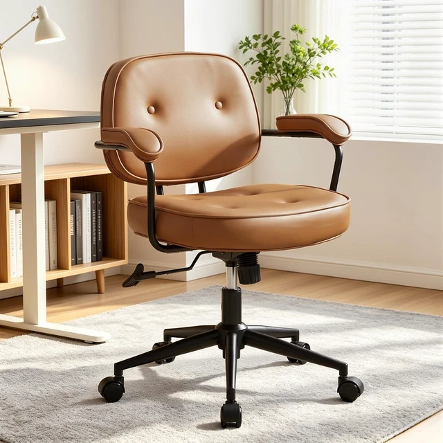 Main image of Mid Century Modern Home Office Desk Chair Comfy Swivel Computer Chair with Thick Cushion, Adjustable Rolling Task Armchair, Brown