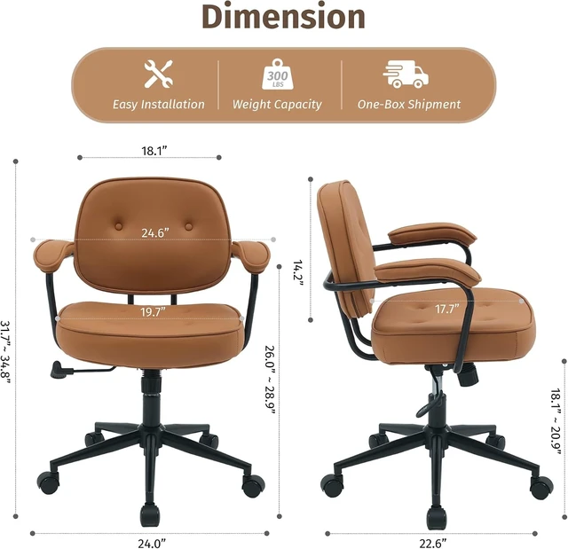 Alt view image 2 of 7 - Mid Century Modern Home Office Desk Chair Comfy Swivel Computer Chair with Thick Cushion, Adjustable Rolling Task Armchair, Brown