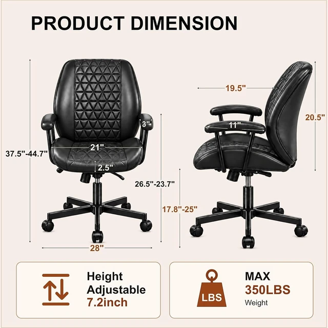 Alt view image 2 of 7 - Black PU Leather Office Chair with Lumbar Support & Removable Arms