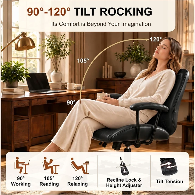 Alt view image 3 of 7 - Black PU Leather Office Chair with Lumbar Support & Removable Arms