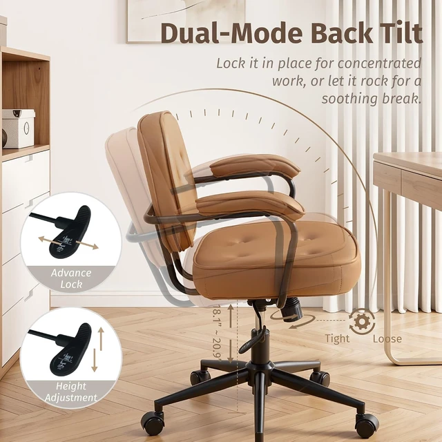 Alt view image 3 of 7 - Mid Century Modern Home Office Desk Chair Comfy Swivel Computer Chair with Thick Cushion, Adjustable Rolling Task Armchair, Brown