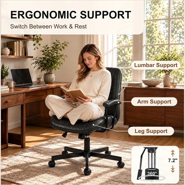 Alt view image 4 of 7 - Black PU Leather Office Chair with Lumbar Support & Removable Arms