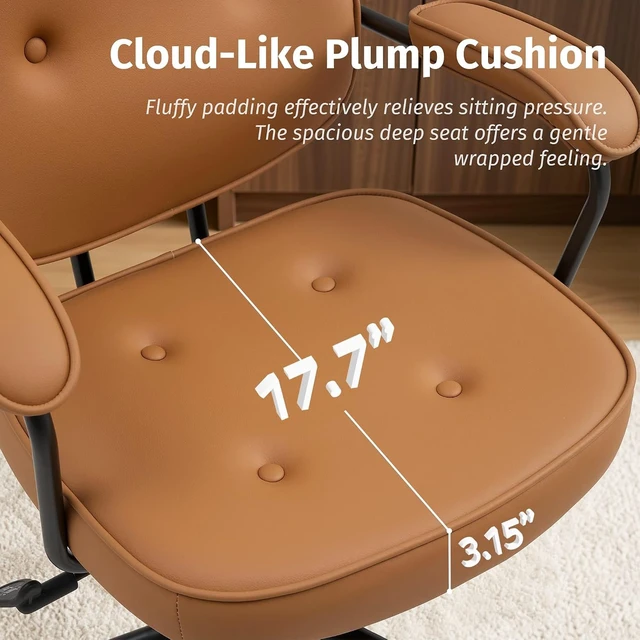 Alt view image 7 of 7 - Mid Century Modern Home Office Desk Chair Comfy Swivel Computer Chair with Thick Cushion, Adjustable Rolling Task Armchair, Brown