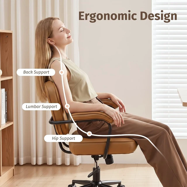 Alt view image 5 of 7 - Mid Century Modern Home Office Desk Chair Comfy Swivel Computer Chair with Thick Cushion, Adjustable Rolling Task Armchair, Brown