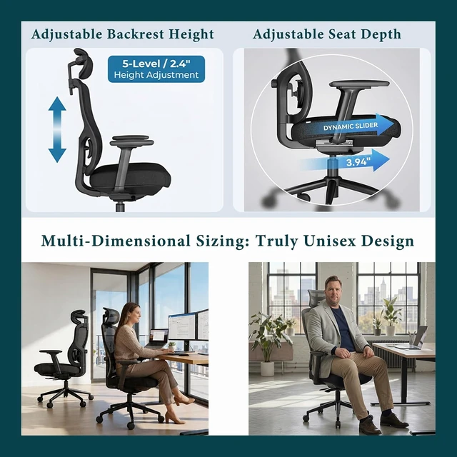 Alt view image 5 of 7 - High Back Ergonomic Office Chair with Breathable Mesh Back & Thick Seat Cushion 4D Armrests, 3D Headrest, Adjustable Lumbar & Seat Depth with Tilt Lock (Black)