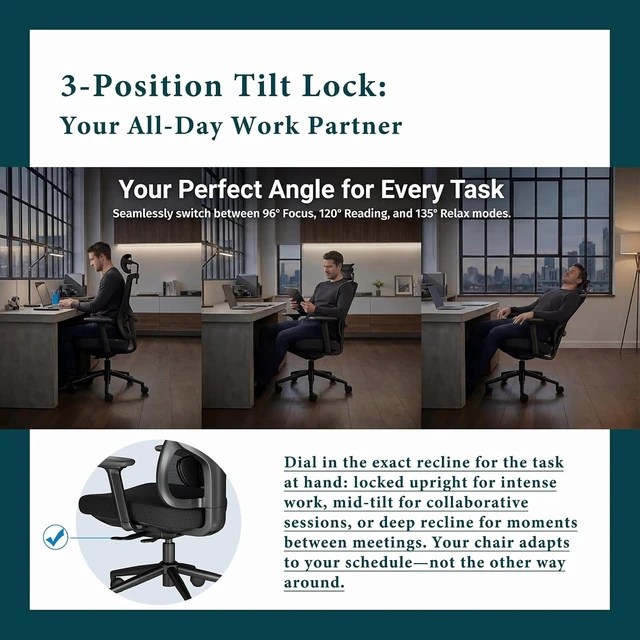 Alt view image 6 of 7 - High Back Ergonomic Office Chair with Breathable Mesh Back & Thick Seat Cushion 4D Armrests, 3D Headrest, Adjustable Lumbar & Seat Depth with Tilt Lock (Black)
