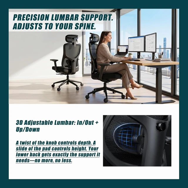 Alt view image 7 of 7 - High Back Ergonomic Office Chair with Breathable Mesh Back & Thick Seat Cushion 4D Armrests, 3D Headrest, Adjustable Lumbar & Seat Depth with Tilt Lock (Black)