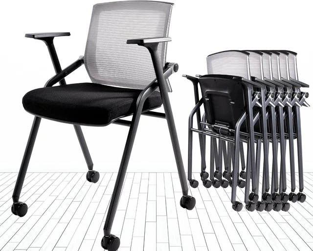 Main image of 2 Pack Stackable Conference Room Chairs Folding Office Desk Chair with Lumbar Support, Sliding Armrest & Casters, for Guests & Reception