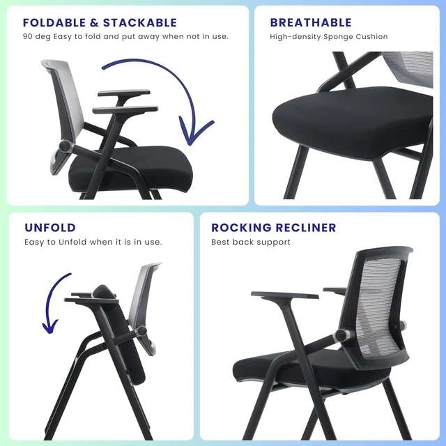 Alt view image 4 of 6 - 2 Pack Stackable Conference Room Chairs Folding Office Desk Chair with Lumbar Support, Sliding Armrest & Casters, for Guests & Reception