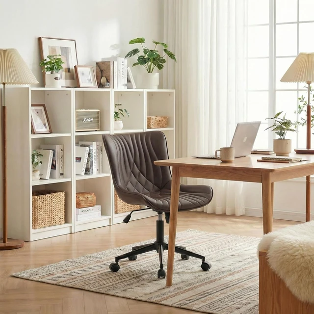 Alt view image 4 of 7 - Brown Armless Faux Leather Office Desk Chair
