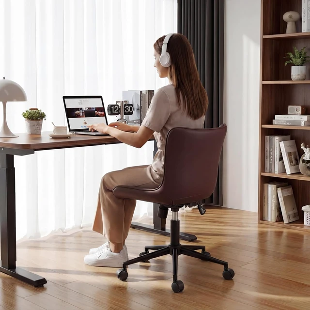 Alt view image 7 of 7 - Brown Armless Faux Leather Office Desk Chair