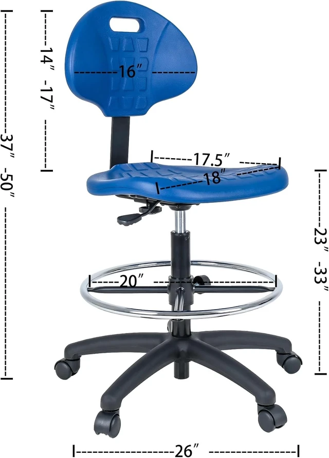 Alt view image 2 of 6 - Blue Ergonomic Polyurethane Drafting Stool Easy to Clean, Quick Ship, Seat Height Adjustable (23"-33") with Heavy Duty Footring for Home, Automotive, Lab & Cleanroom (Blue)