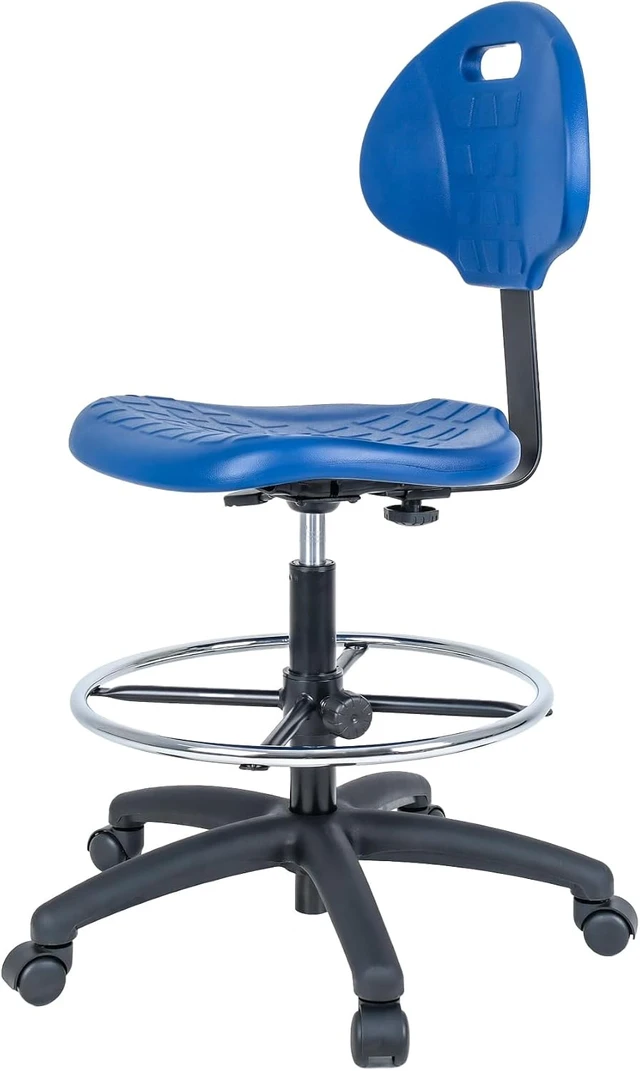 Alt view image 3 of 6 - Blue Ergonomic Polyurethane Drafting Stool Easy to Clean, Quick Ship, Seat Height Adjustable (23"-33") with Heavy Duty Footring for Home, Automotive, Lab & Cleanroom (Blue)