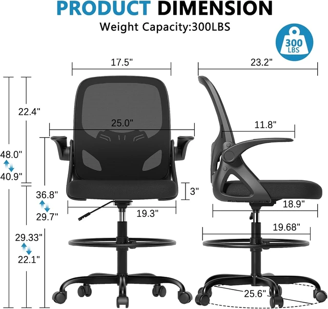 Alt view image 2 of 7 - 300 Lbs Tall Drafting Chair Ergonomic Standing Desk Chair with Adjustable Foot Ring & Flip-Up Armrests, Mesh Computer Chair for Art Studio, Black