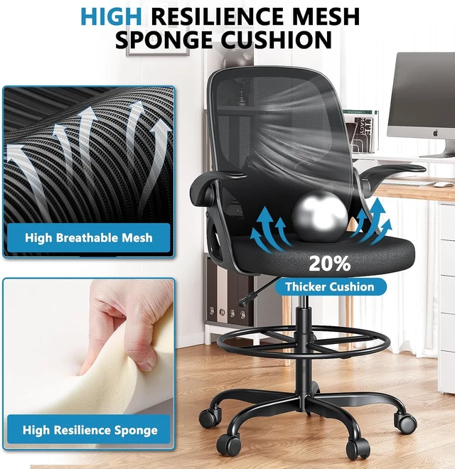 Alt view image 4 of 7 - 300 Lbs Tall Drafting Chair Ergonomic Standing Desk Chair with Adjustable Foot Ring & Flip-Up Armrests, Mesh Computer Chair for Art Studio, Black