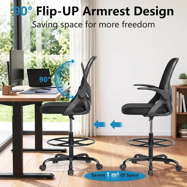 Alt view image 6 of 7 - 300 Lbs Tall Drafting Chair Ergonomic Standing Desk Chair with Adjustable Foot Ring & Flip-Up Armrests, Mesh Computer Chair for Art Studio, Black