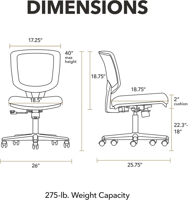 Alt view image 3 of 7 - Volt Armless Ergonomic Office Chair Black Desk Computer Chair