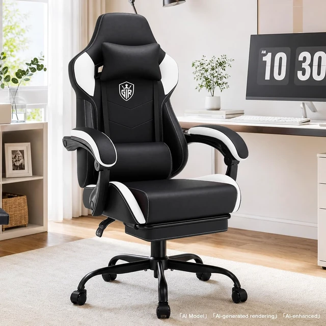 Alt view image 2 of 7 - 350 Lbs Heavy Duty Gaming Chair with Footrest High Back Ergonomic Swivel PC Chair with Linkage Armrest & Lumbar Support for Office, White