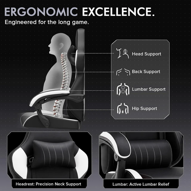 Alt view image 7 of 7 - 350 Lbs Heavy Duty Gaming Chair with Footrest High Back Ergonomic Swivel PC Chair with Linkage Armrest & Lumbar Support for Office, White