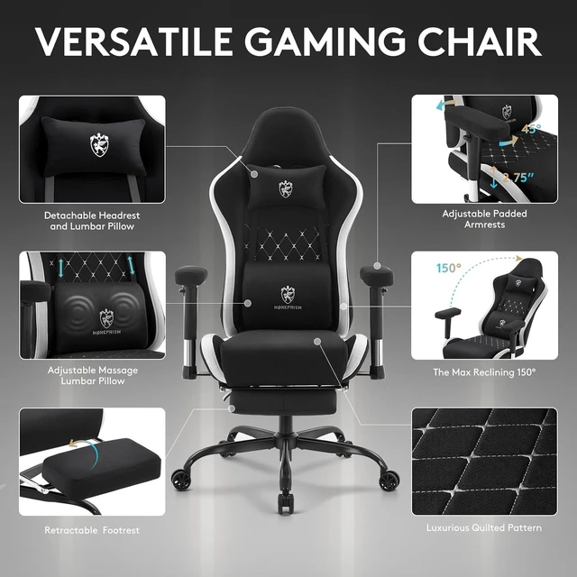 Alt view image 4 of 7 - Black & Grey Gaming Office Chair with Massage & Gel Pad