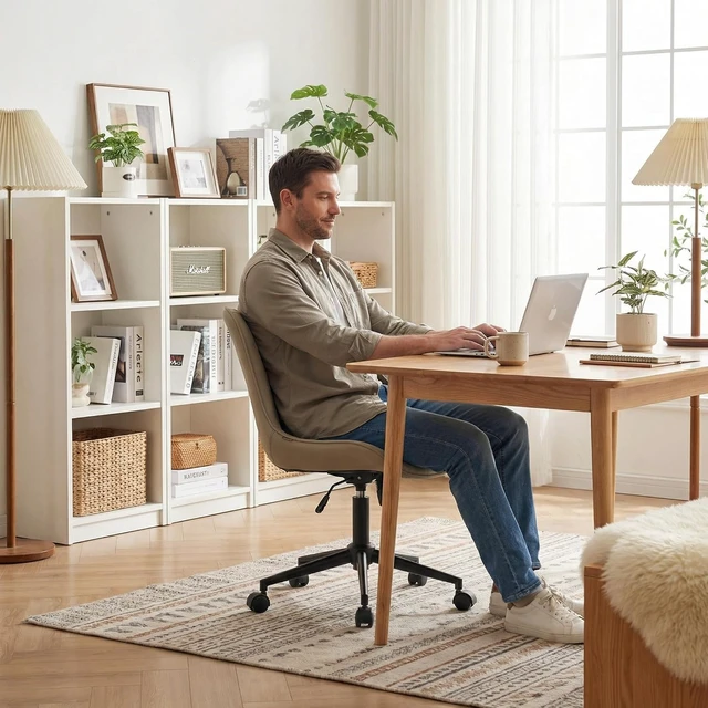 Alt view image 5 of 7 - Modern Faux Leather Office Chair with Wheels Adjustable Swivel Armless Desk Chair with Padded Back for Home Office, Khaki