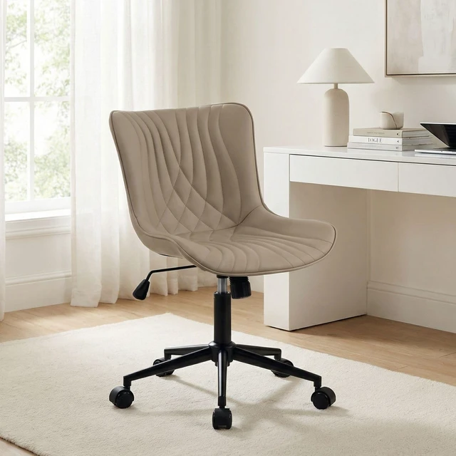 Alt view image 7 of 7 - Modern Faux Leather Office Chair with Wheels Adjustable Swivel Armless Desk Chair with Padded Back for Home Office, Khaki