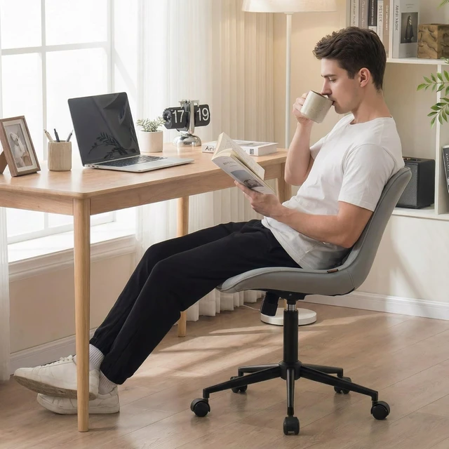Alt view image 5 of 7 - Modern Faux Leather Armless Desk Chair with Wheels Adjustable Swivel Rolling Home Office Task Chair, Upholstered Vanity Chair, Grey
