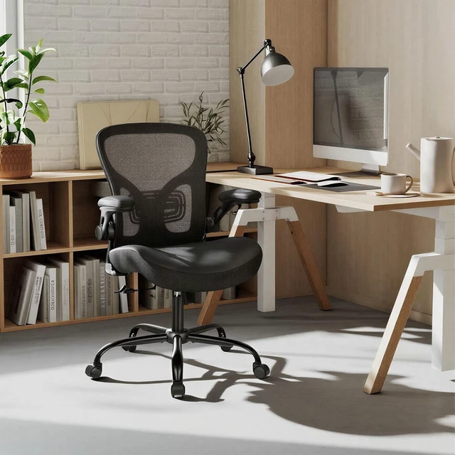 Alt view image 2 of 7 - Ergonomic Office Chair with Flip-Up Armrest Mesh Back & PU Leather Seat