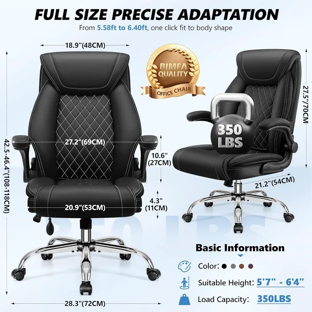 Alt view image 3 of 7 - Big & Tall Executive Office Chair with Lumbar Support Leather Comfy High Back Gaming Chair with Flip-Up Arms & Rocking Function for Home Office, Black