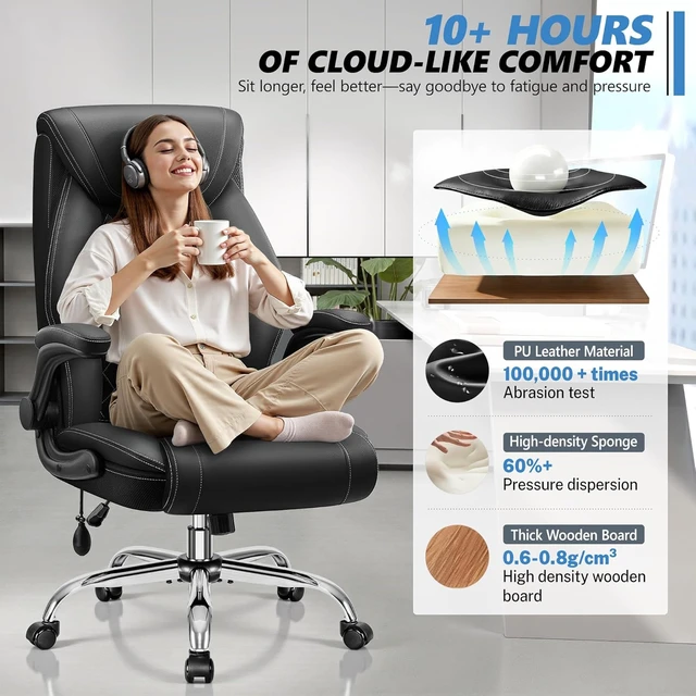 Alt view image 5 of 7 - Big & Tall Executive Office Chair with Lumbar Support Leather Comfy High Back Gaming Chair with Flip-Up Arms & Rocking Function for Home Office, Black