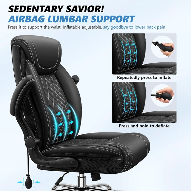Alt view image 4 of 7 - Big & Tall Executive Office Chair with Lumbar Support Leather Comfy High Back Gaming Chair with Flip-Up Arms & Rocking Function for Home Office, Black