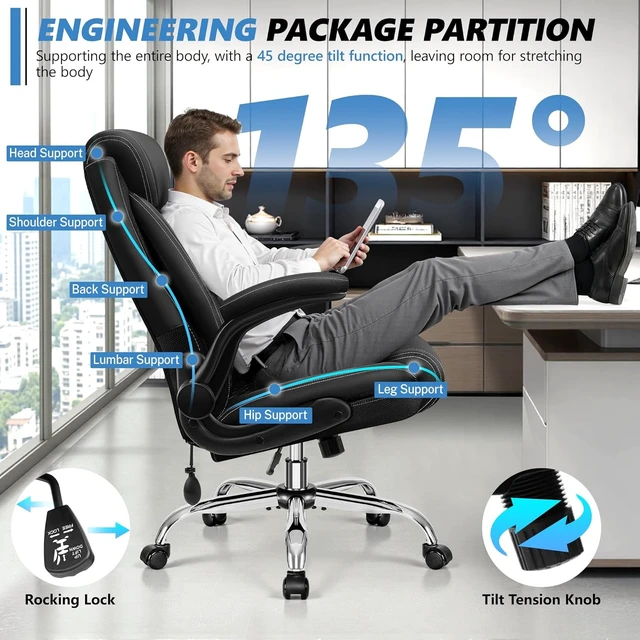 Alt view image 6 of 7 - Big & Tall Executive Office Chair with Lumbar Support Leather Comfy High Back Gaming Chair with Flip-Up Arms & Rocking Function for Home Office, Black