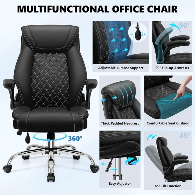 Alt view image 7 of 7 - Big & Tall Executive Office Chair with Lumbar Support Leather Comfy High Back Gaming Chair with Flip-Up Arms & Rocking Function for Home Office, Black